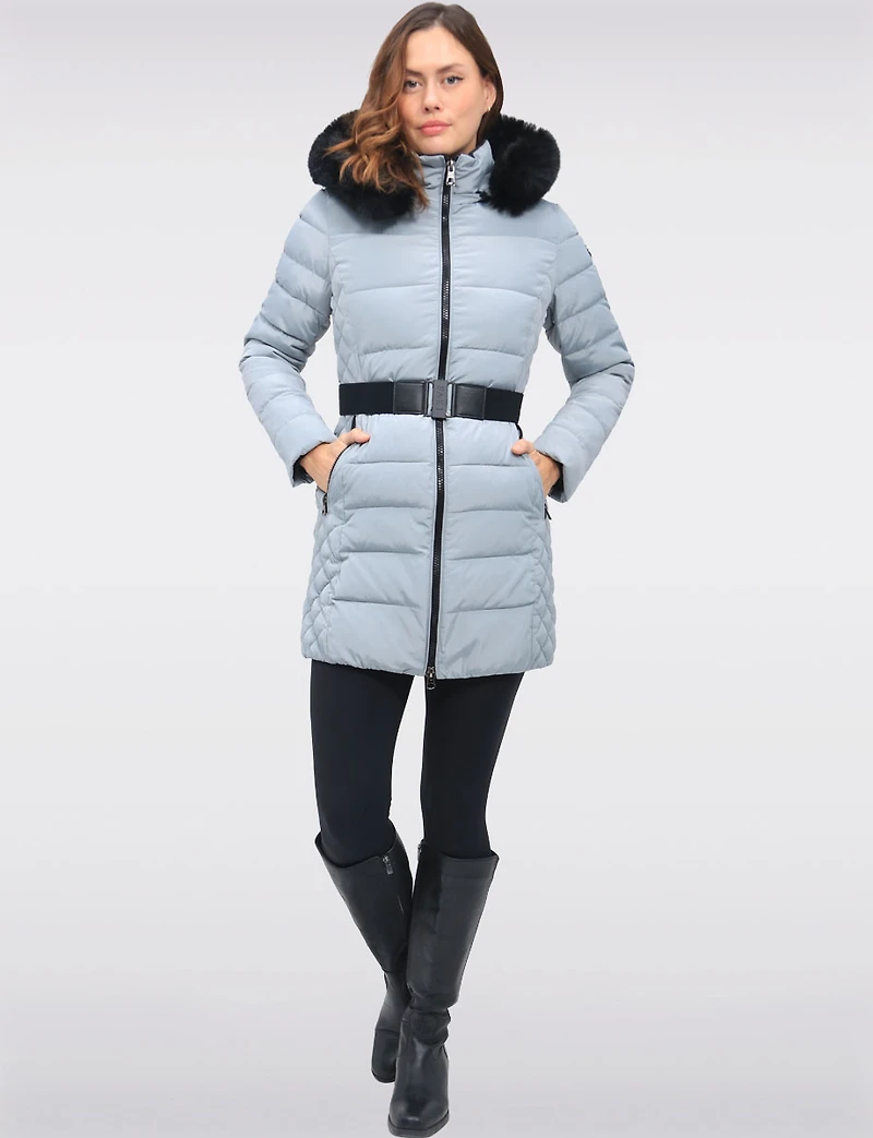 Eco-Down Vegan Belted Parka Dual Quilted Hooded Faux Fur Trimmed Coat by Saki