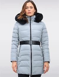 Eco-Down Vegan Belted Parka Dual Quilted Hooded Faux Fur Trimmed Coat by Saki