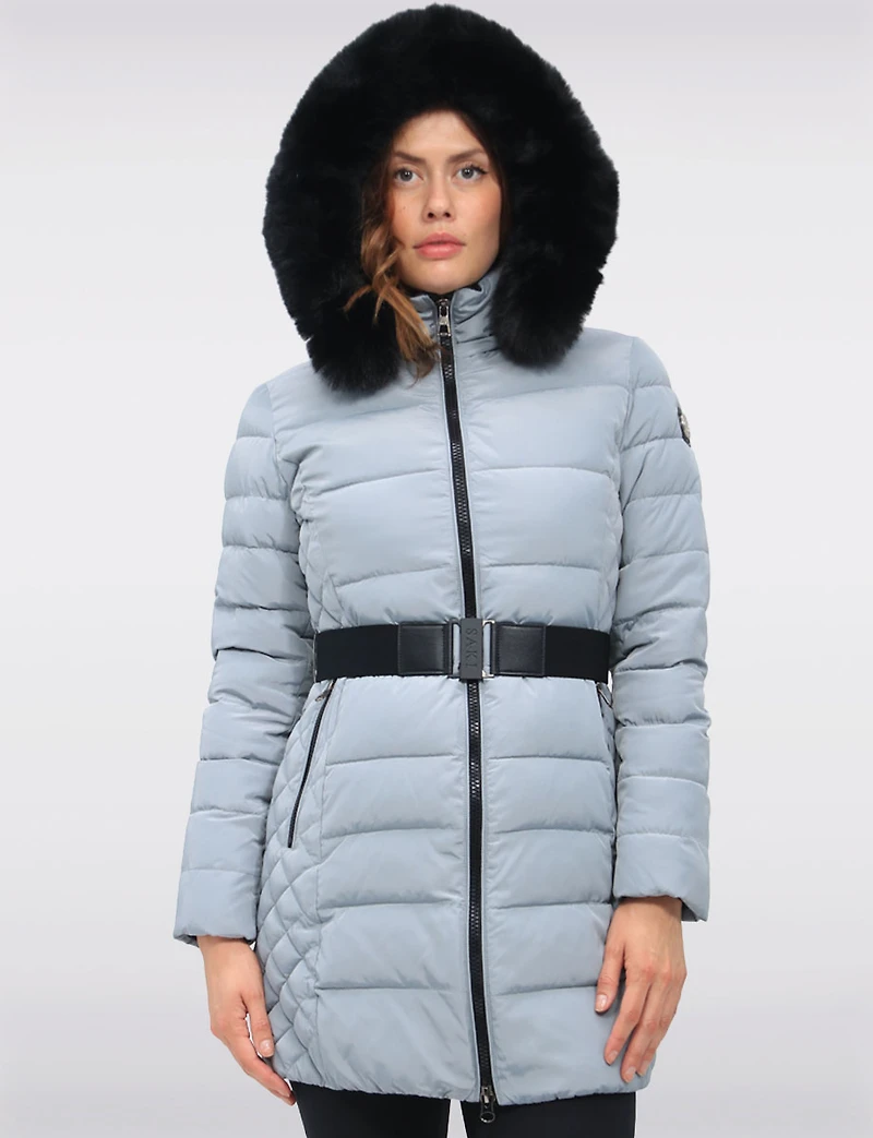 Eco-Down Vegan Belted Parka Dual Quilted Hooded Faux Fur Trimmed Coat by Saki