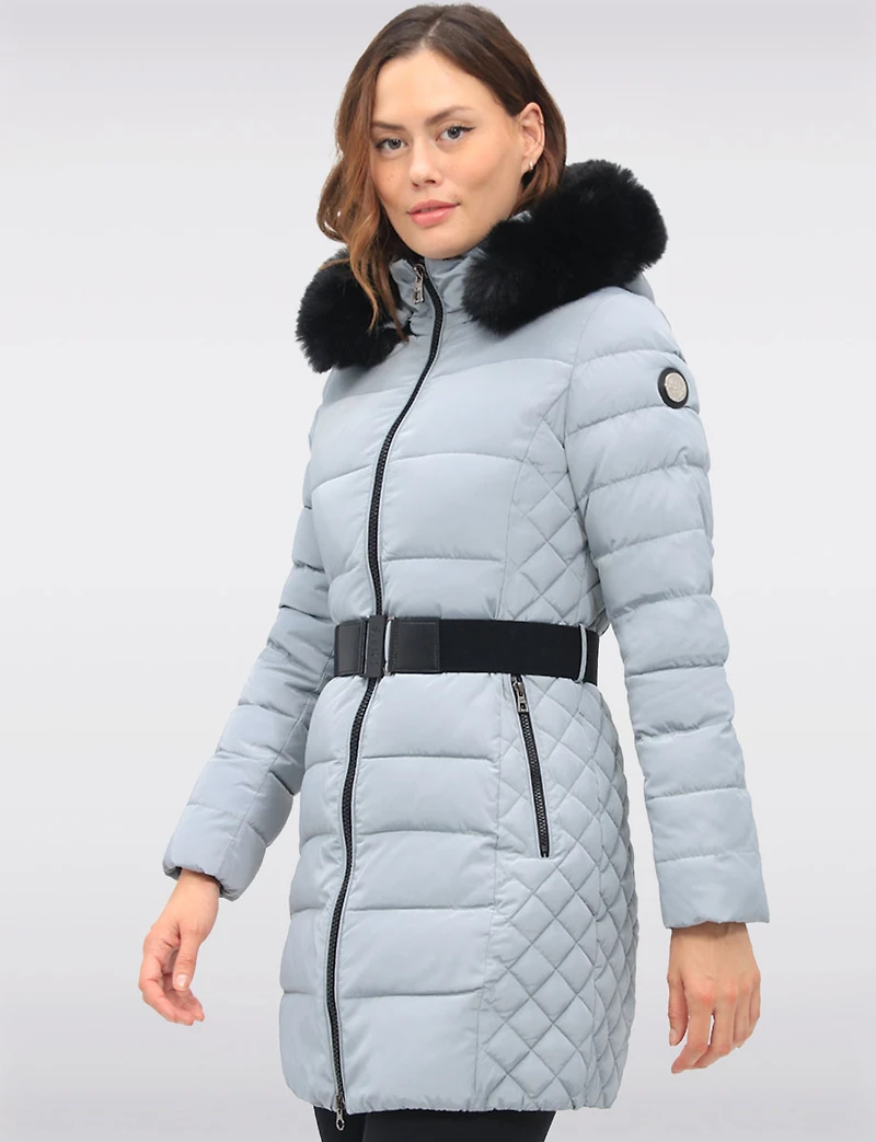 Eco-Down Vegan Belted Parka Dual Quilted Hooded Faux Fur Trimmed Coat by Saki