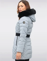 Eco-Down Vegan Belted Parka Dual Quilted Hooded Faux Fur Trimmed Coat by Saki