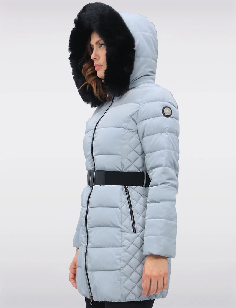 Eco-Down Vegan Belted Parka Dual Quilted Hooded Faux Fur Trimmed Coat by Saki