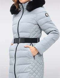 Eco-Down Vegan Belted Parka Dual Quilted Hooded Faux Fur Trimmed Coat by Saki