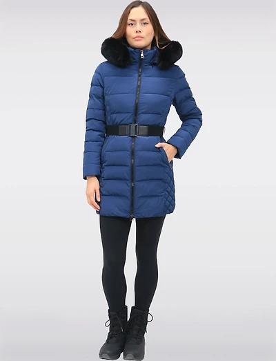 Eco-Down Vegan Belted Parka Dual Quilted Hooded Faux Fur Trimmed Coat by Saki