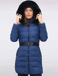 Eco-Down Vegan Belted Parka Dual Quilted Hooded Faux Fur Trimmed Coat by Saki