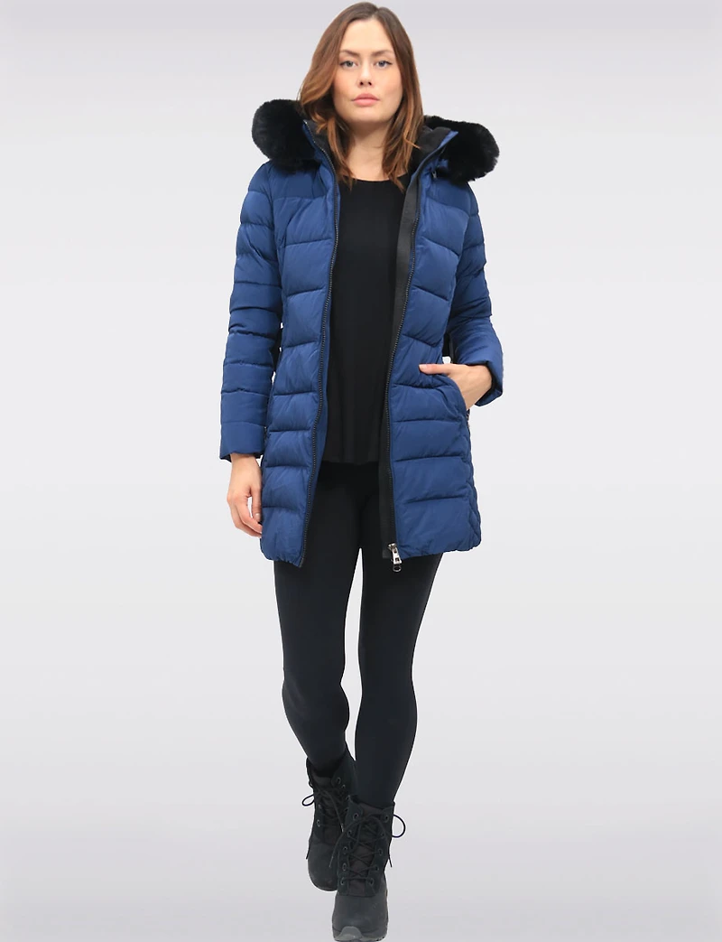 Eco-Down Vegan Belted Parka Dual Quilted Hooded Faux Fur Trimmed Coat by Saki