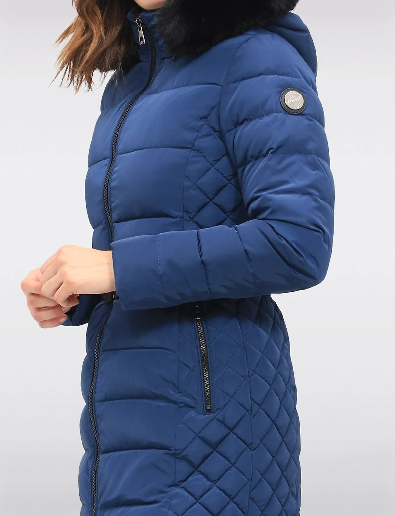 Eco-Down Vegan Belted Parka Dual Quilted Hooded Faux Fur Trimmed Coat by Saki