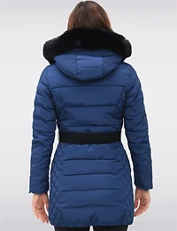 Eco-Down Vegan Belted Parka Dual Quilted Hooded Faux Fur Trimmed Coat by Saki