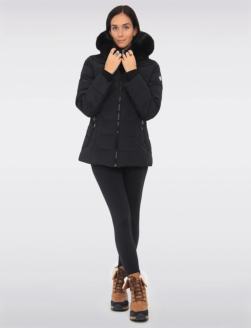 Vegan Quilted Jacket with Faux Fur Hood by Saki