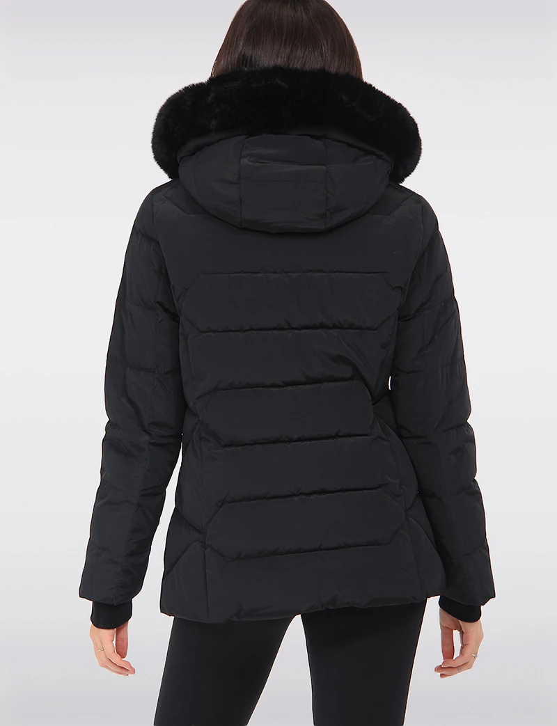 Vegan Quilted Jacket with Faux Fur Hood by Saki