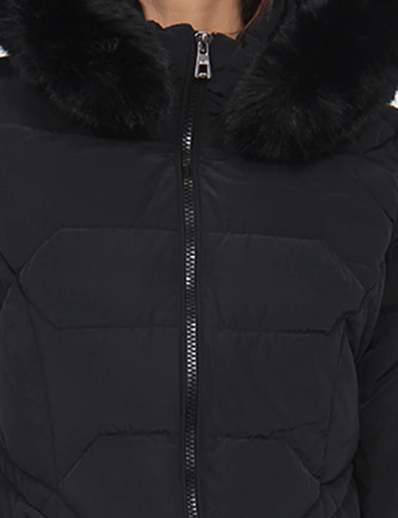 Vegan Quilted Jacket with Faux Fur Hood by Saki