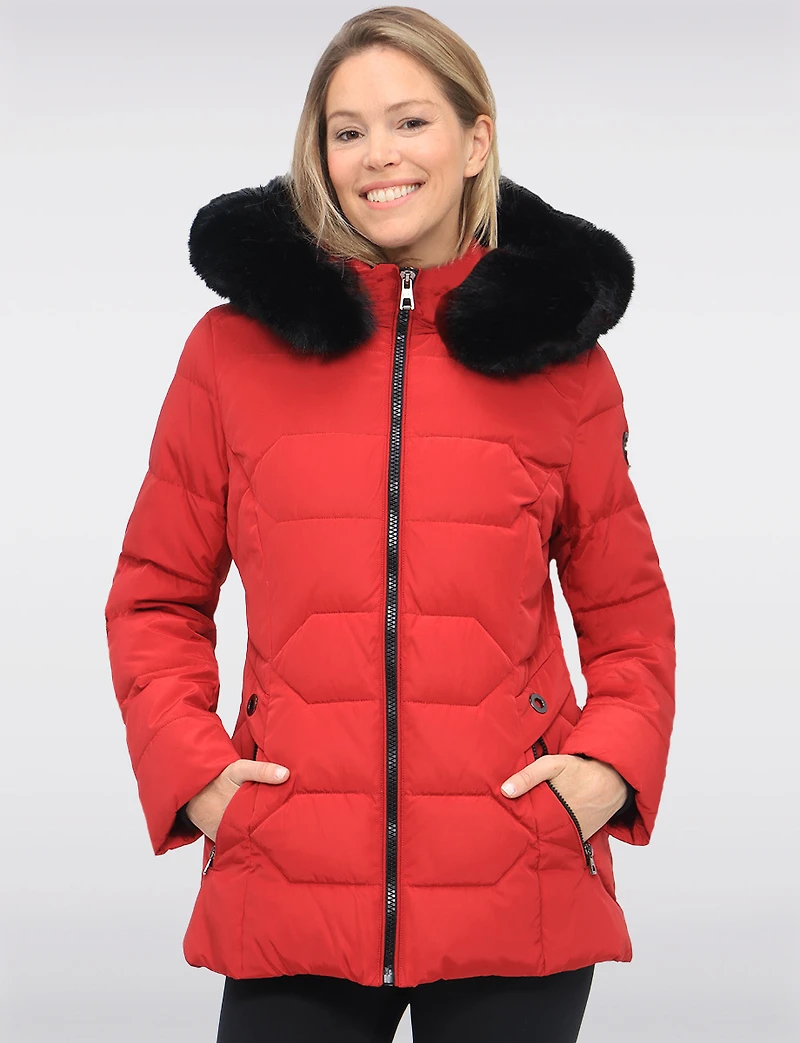 Vegan Quilted Jacket with Faux Fur Hood by Saki