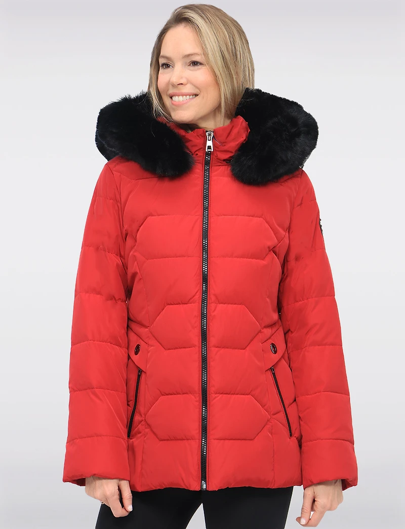 Vegan Quilted Jacket with Faux Fur Hood by Saki