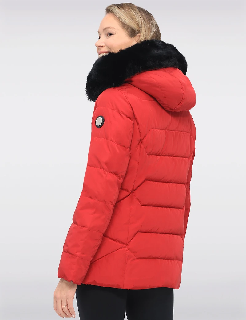 Vegan Quilted Jacket with Faux Fur Hood by Saki