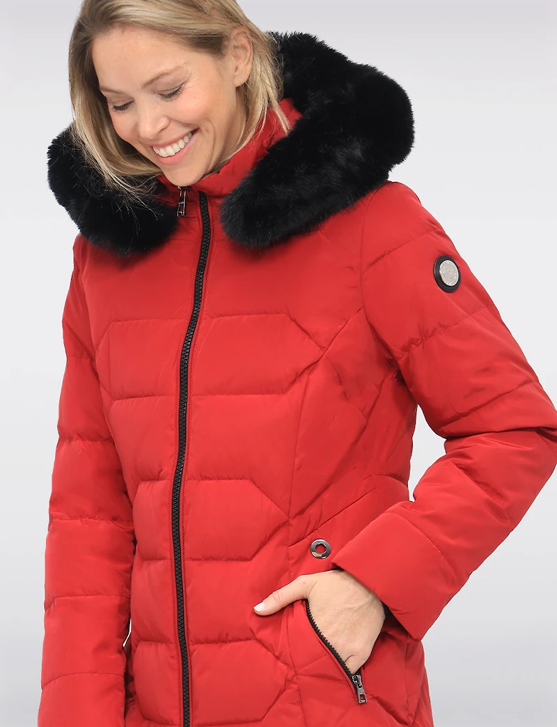 Vegan Quilted Jacket with Faux Fur Hood by Saki