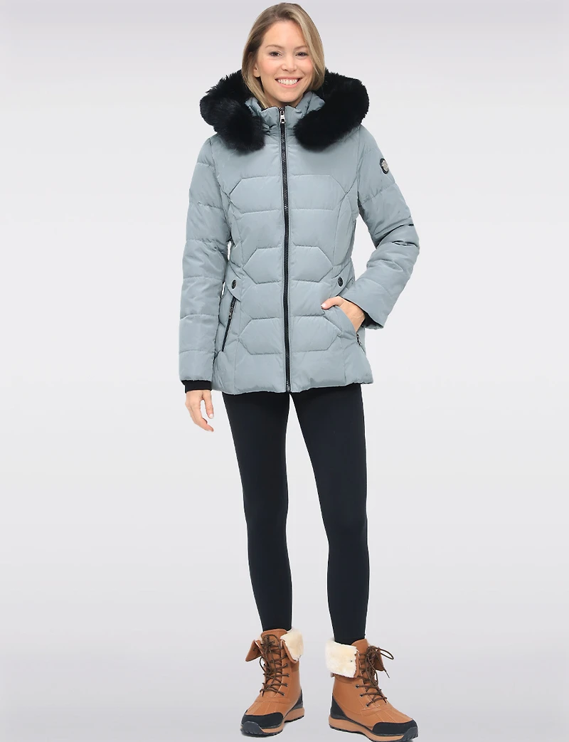 Vegan Quilted Jacket with Faux Fur Hood by Saki