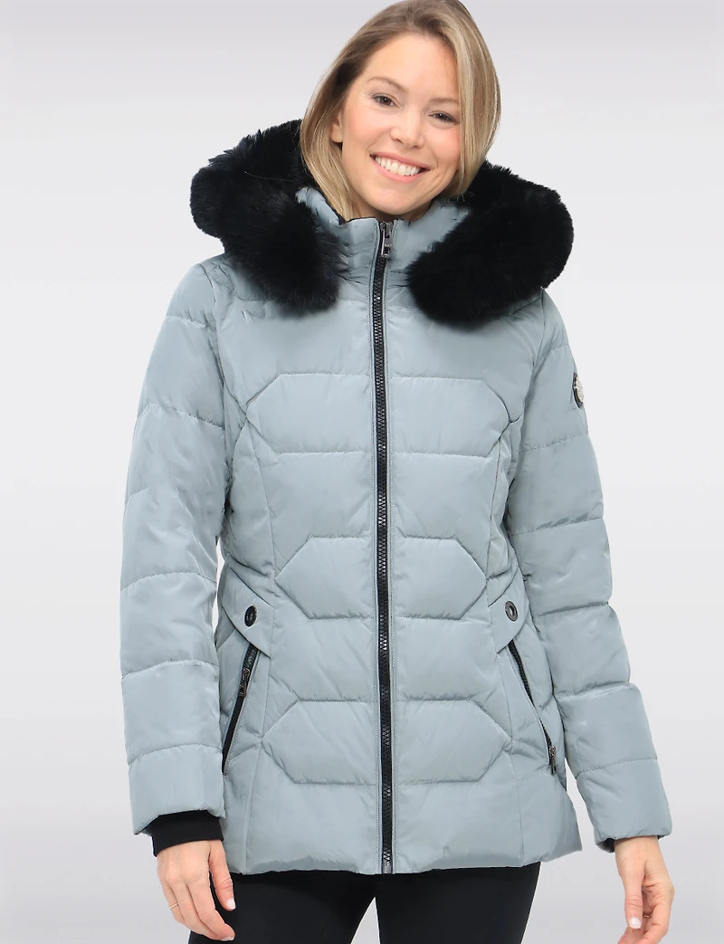 Vegan Quilted Jacket with Faux Fur Hood by Saki