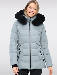 Vegan Quilted Jacket with Faux Fur Hood by Saki