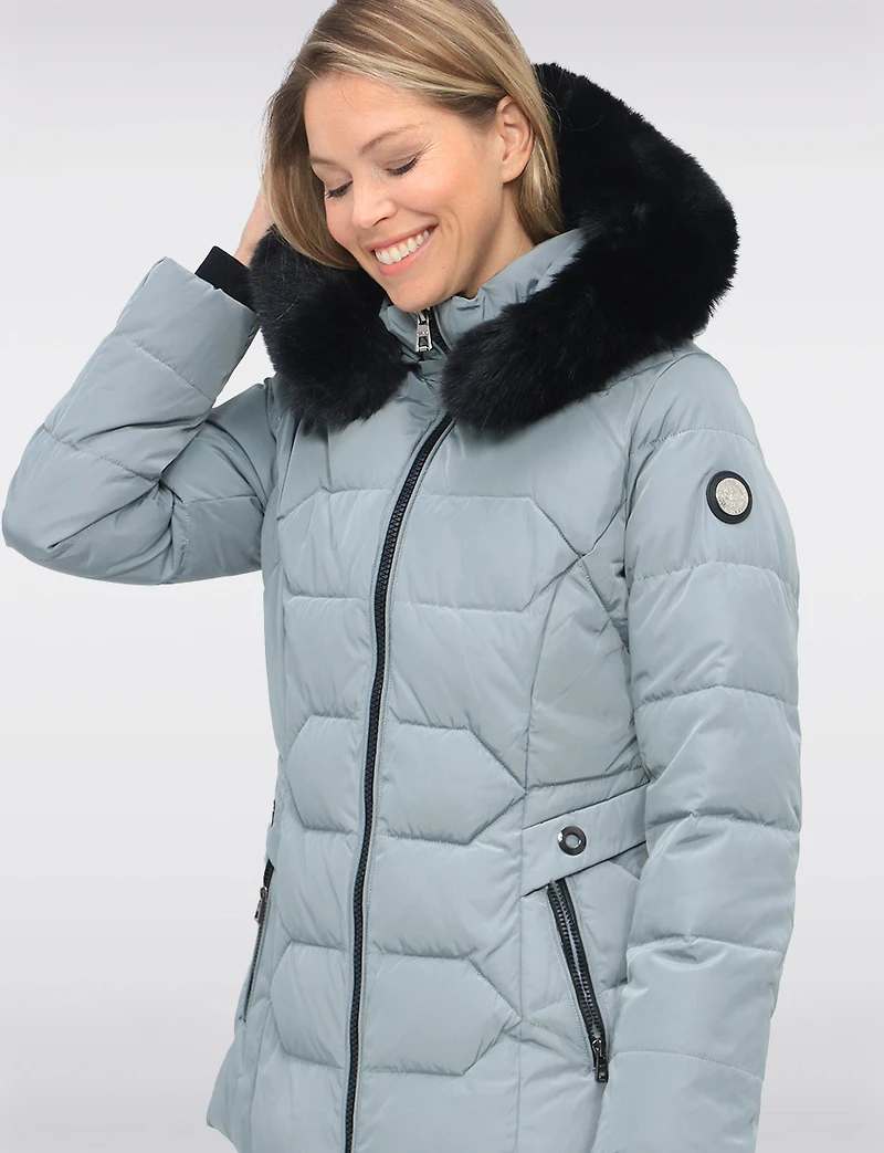 Vegan Quilted Jacket with Faux Fur Hood by Saki