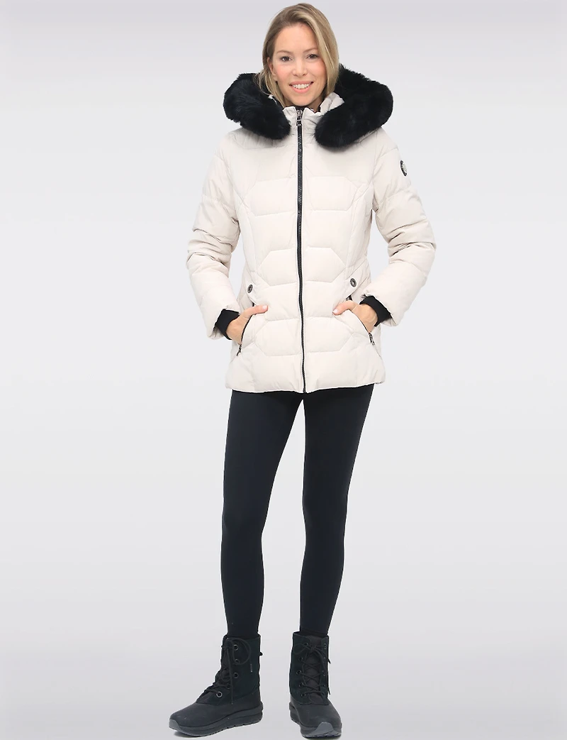 Vegan Quilted Jacket with Faux Fur Hood by Saki