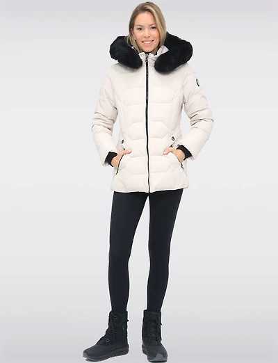 Vegan Quilted Jacket with Faux Fur Hood by Saki