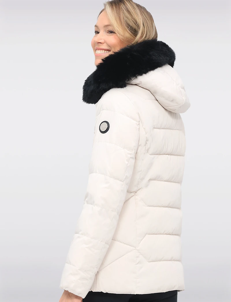 Vegan Quilted Jacket with Faux Fur Hood by Saki