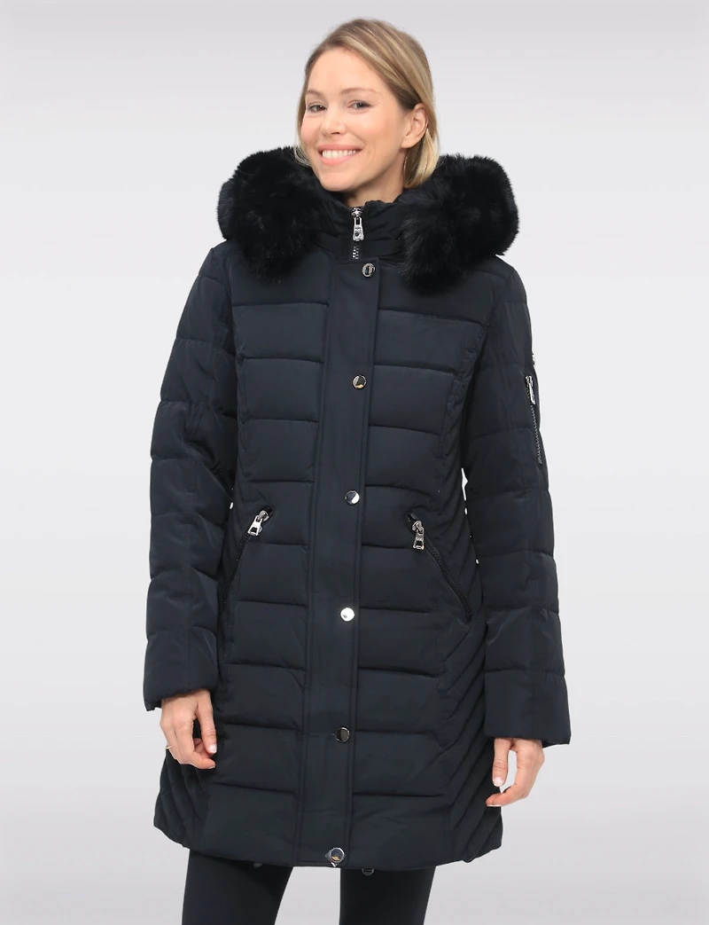 Vegan Hooded Eco-Down Cire Puffer Jacket with Detachable Faux Fur Trim by Saki