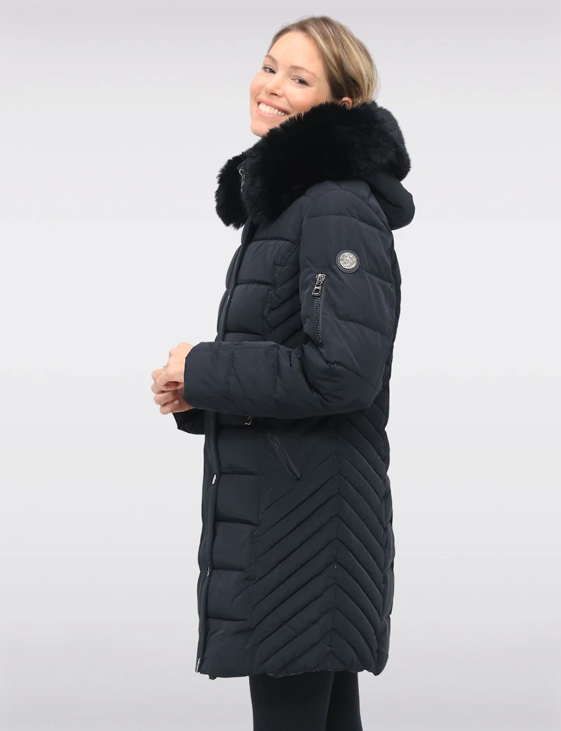 Vegan Hooded Eco-Down Cire Puffer Jacket with Detachable Faux Fur Trim by Saki