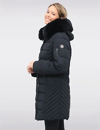 Vegan Hooded Eco-Down Cire Puffer Jacket with Detachable Faux Fur Trim by Saki
