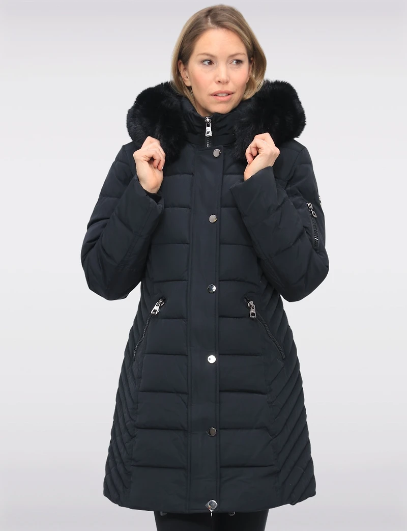 Vegan Hooded Eco-Down Cire Puffer Jacket with Detachable Faux Fur Trim by Saki