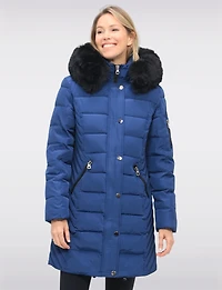Vegan Hooded Eco-Down Cire Puffer Jacket with Detachable Faux Fur Trim by Saki