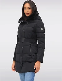 Eco-Down High Collar Vegan Puffer Jacket Cinched Waist & Detachable Hood by Saki