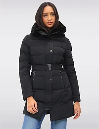 Eco-Down High Collar Vegan Puffer Jacket Cinched Waist & Detachable Hood by Saki