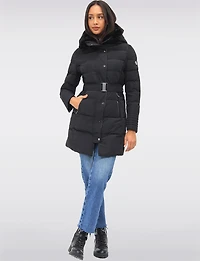 Eco-Down High Collar Vegan Puffer Jacket Cinched Waist & Detachable Hood by Saki