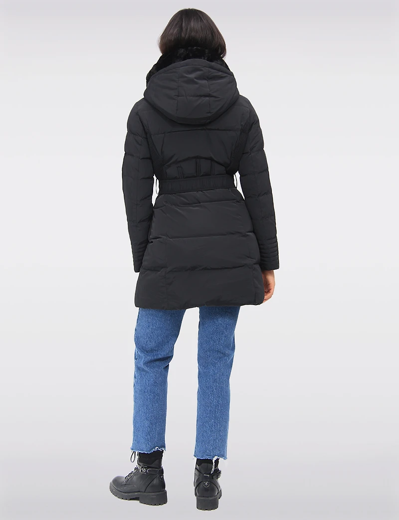 Eco-Down High Collar Vegan Puffer Jacket Cinched Waist & Detachable Hood by Saki