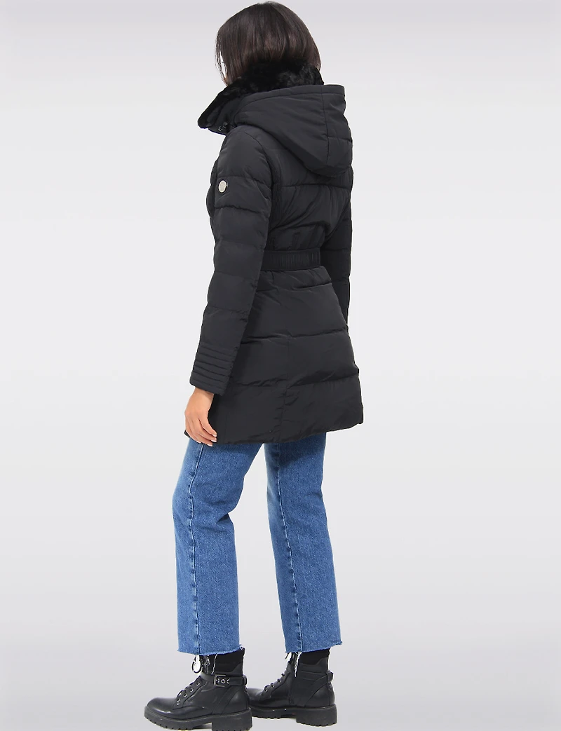 Eco-Down High Collar Vegan Puffer Jacket Cinched Waist & Detachable Hood by Saki