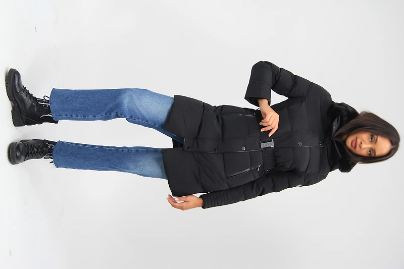 Eco-Down High Collar Vegan Puffer Jacket Cinched Waist & Detachable Hood by Saki