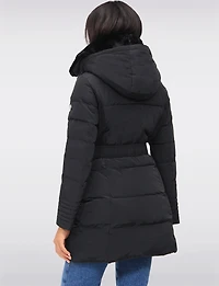Eco-Down High Collar Vegan Puffer Jacket Cinched Waist & Detachable Hood by Saki