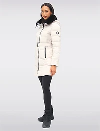 Eco-Down High Collar Vegan Puffer Jacket Cinched Waist & Detachable Hood by Saki