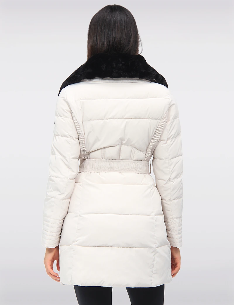 Eco-Down High Collar Vegan Puffer Jacket Cinched Waist & Detachable Hood by Saki