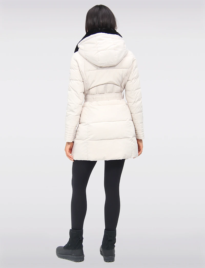 Eco-Down High Collar Vegan Puffer Jacket Cinched Waist & Detachable Hood by Saki