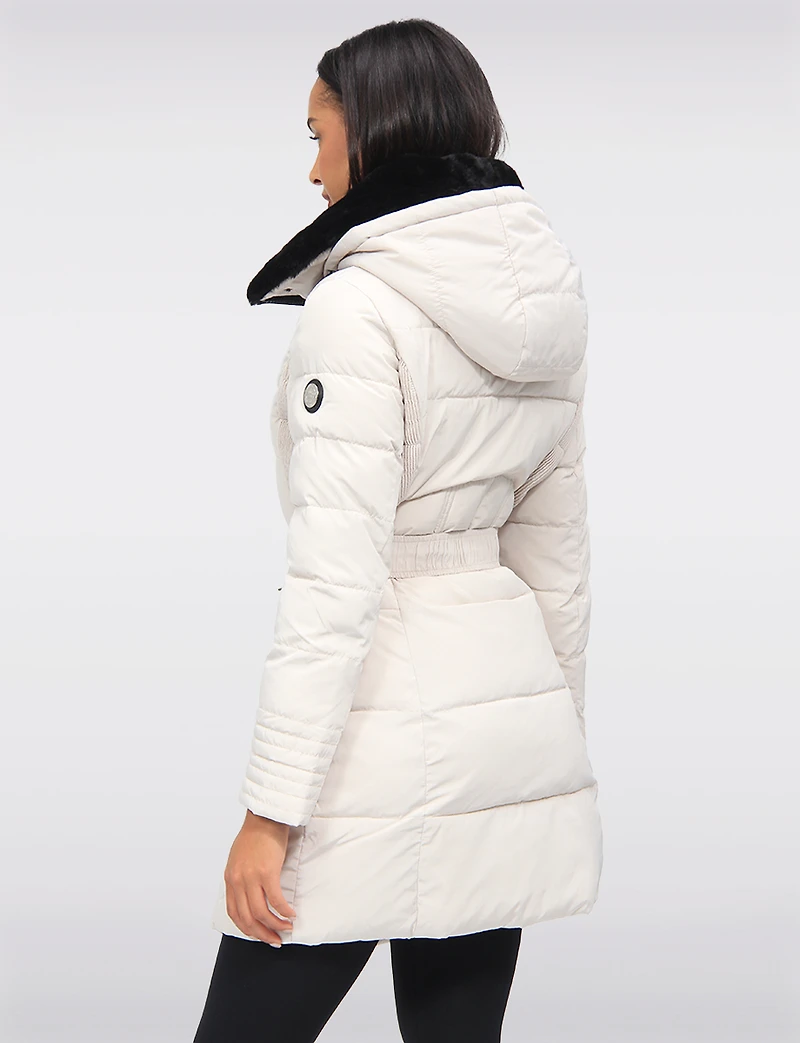 Eco-Down High Collar Vegan Puffer Jacket Cinched Waist & Detachable Hood by Saki