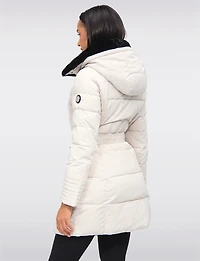 Eco-Down High Collar Vegan Puffer Jacket Cinched Waist & Detachable Hood by Saki