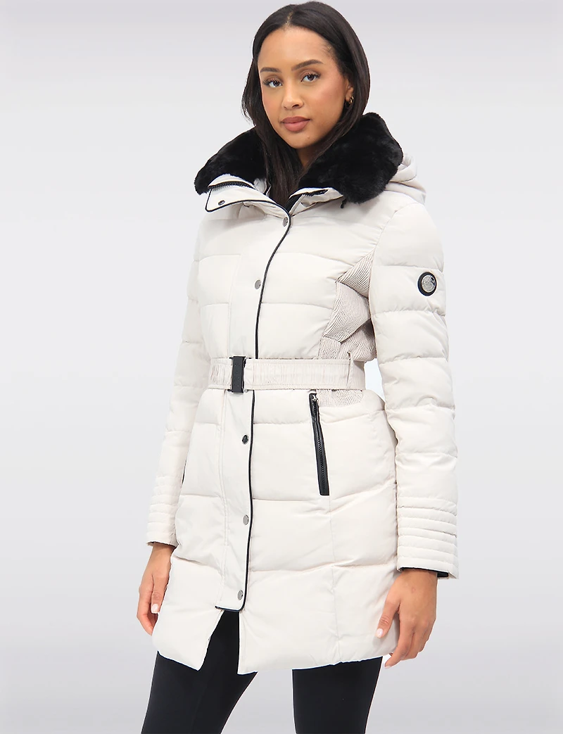 Eco-Down High Collar Vegan Puffer Jacket Cinched Waist & Detachable Hood by Saki