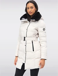 Eco-Down High Collar Vegan Puffer Jacket Cinched Waist & Detachable Hood by Saki