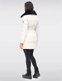 Eco-Down High Collar Vegan Puffer Jacket Cinched Waist & Detachable Hood by Saki