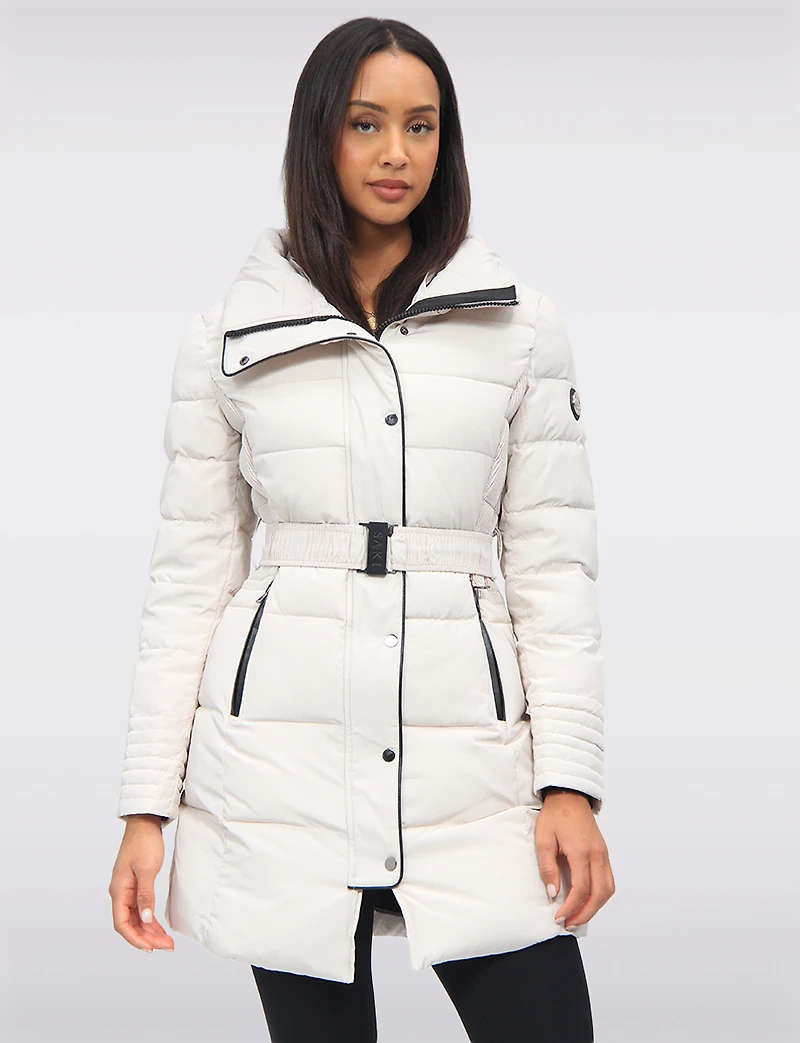 Eco-Down High Collar Vegan Puffer Jacket Cinched Waist & Detachable Hood by Saki