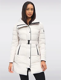 Eco-Down High Collar Vegan Puffer Jacket Cinched Waist & Detachable Hood by Saki
