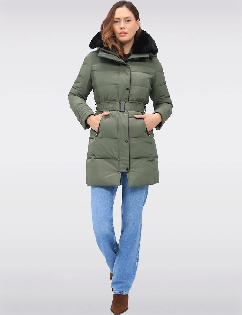Eco-Down High Collar Vegan Puffer Jacket Cinched Waist & Detachable Hood by Saki