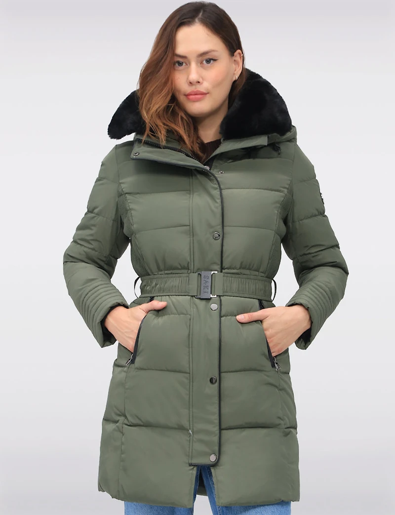 Eco-Down High Collar Vegan Puffer Jacket Cinched Waist & Detachable Hood by Saki
